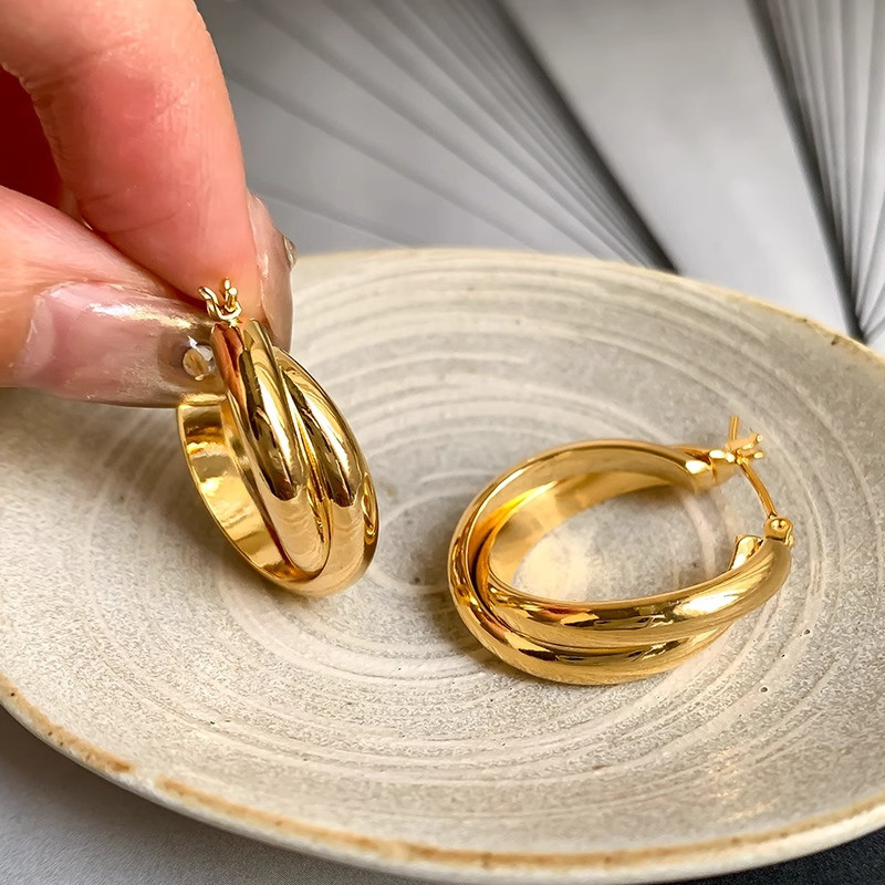 Korean Style Elegant and Sophisticated Geometric Double-Layered Cross Circle Earrings for Women, Vintage Fashion Creative Ear Hoops and Ear Clips