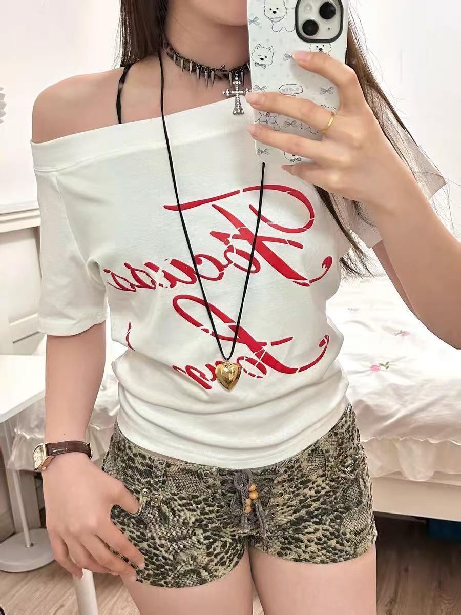 Summer New Fashion Letter Print Design Off-Shoulder Short-Sleeve T-Shirt Versatile Outerwear Trendy Top T-Shirt