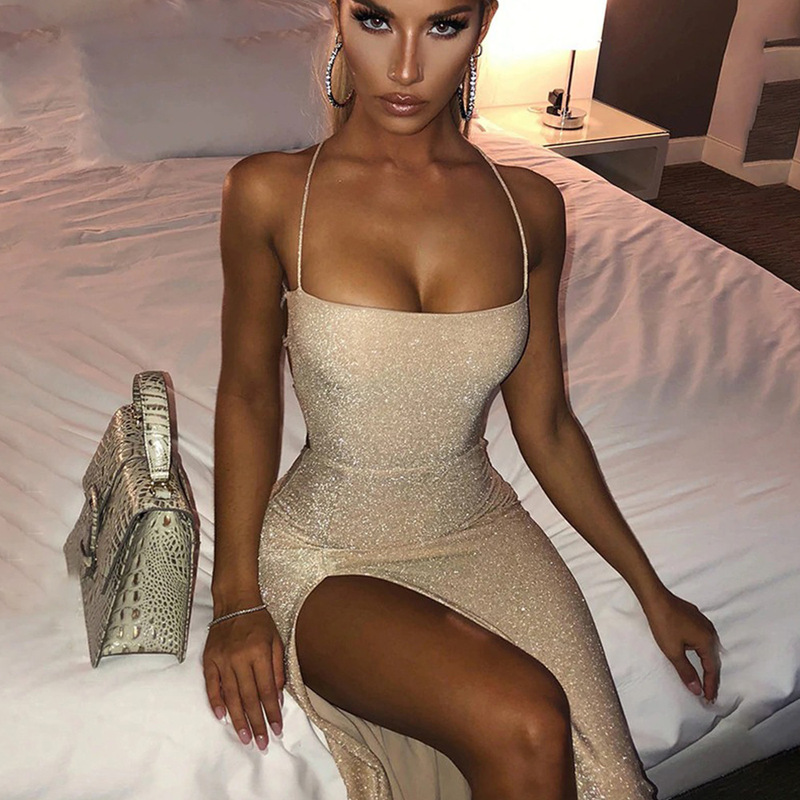 2022 New Cross-border European and American Fashion Sexy Strap Backless Solid Color Hip Gold Slit Dress