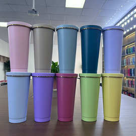 750ml跨境304保温杯不锈钢吸管杯车载珍珠奶茶盖电镀金真空咖啡杯