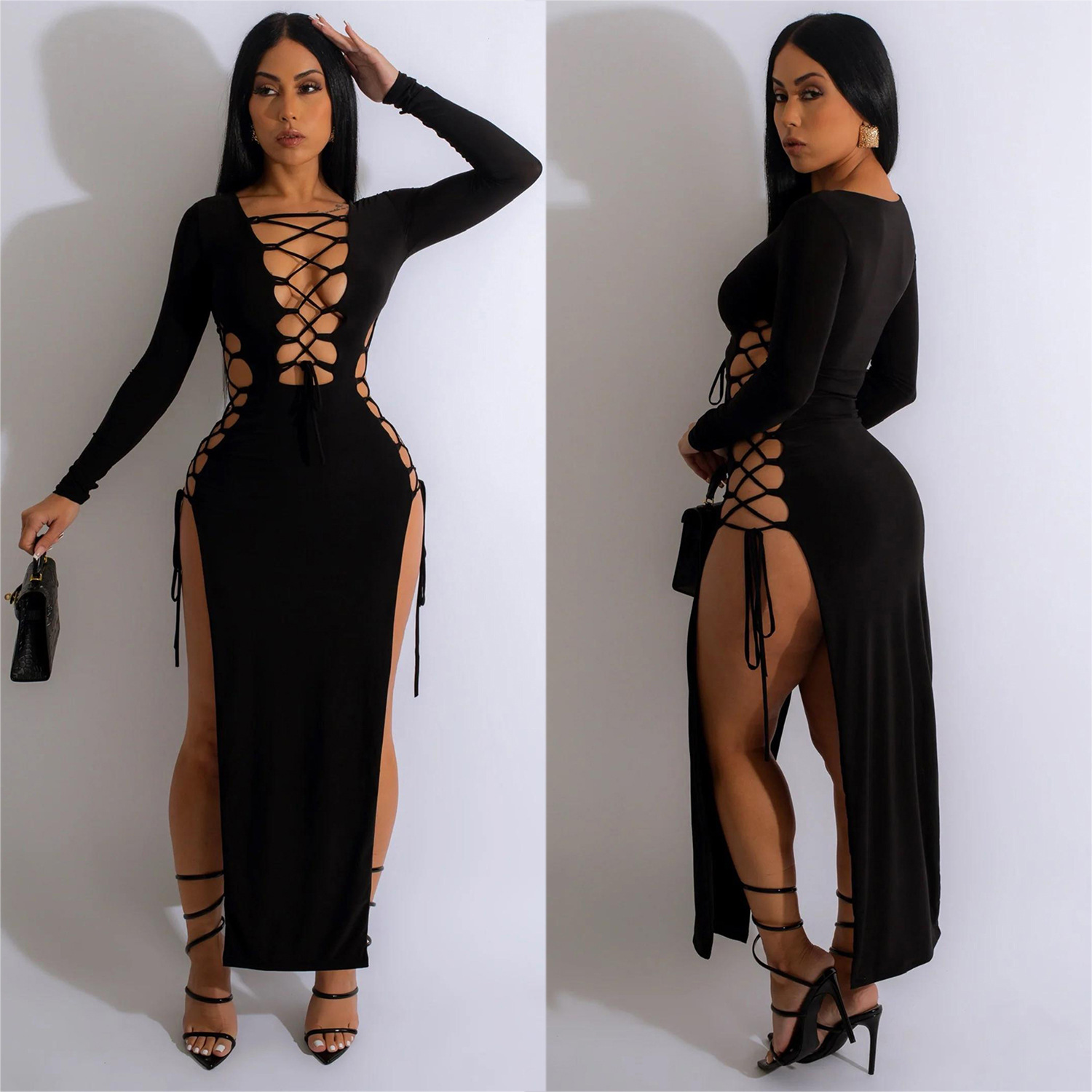 C6237 Aliexpress transfronterizo amazon ropa de moda europea y americana de mujer de color sólido corda abierta vestido de manga larga image 3