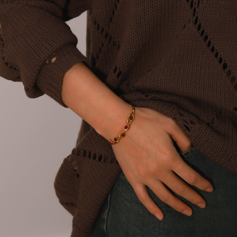 Retro Geometric Stainless Steel Plating Natural Stone Bangle 1 Piece