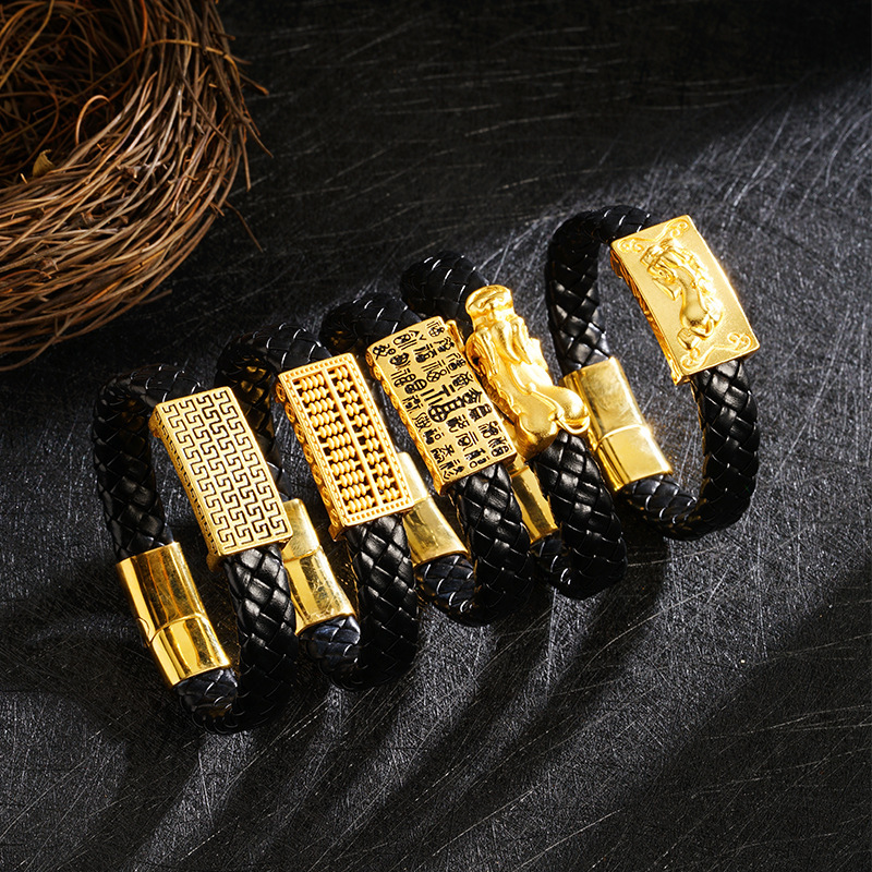 Ancient Gold-Plated Personalized Leather Rope Bracelet with Oil-Dripping Pixiu Abacus, Men's Domineering Hand Accessory, Wholesale Supply from Manufacturer