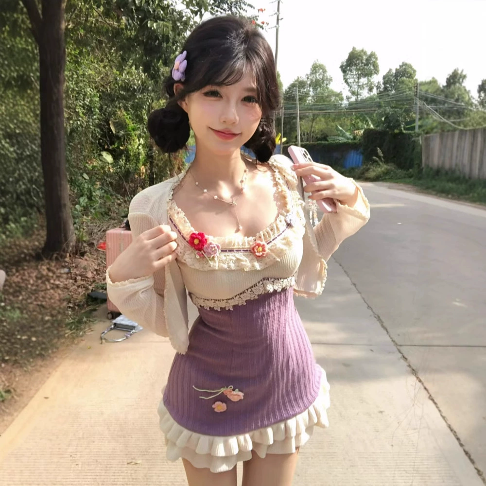 Sweet Mori Girl Atmosphere Утягивающее талию платье с цветными блоками и трехмерным цветочным ремнем. Универсальный комплект для похудения Pure Desire.