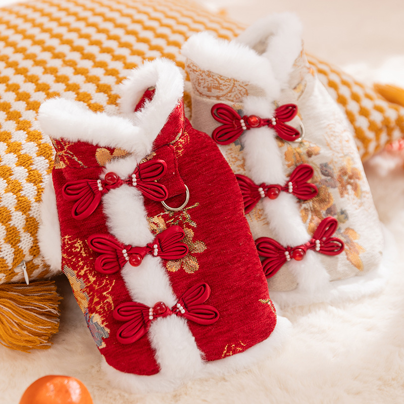 爆款秋冬季狗狗新年唐装小型犬猫咪保暖加厚棉衣中式过年宠物衣服