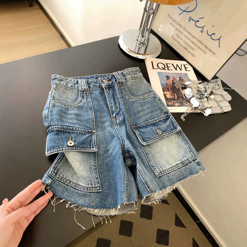 High-Waisted Denim Shorts for Women, 2026 Summer New Style, Loose Fit with Multiple Pockets, Workwear Style, Petite Mid-Length Shorts, Trendy