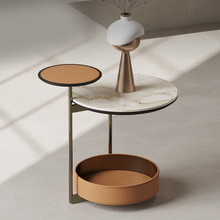 意式轻奢边几马鞍皮家用不锈钢岩板小圆桌极简设计师客厅沙发角几
