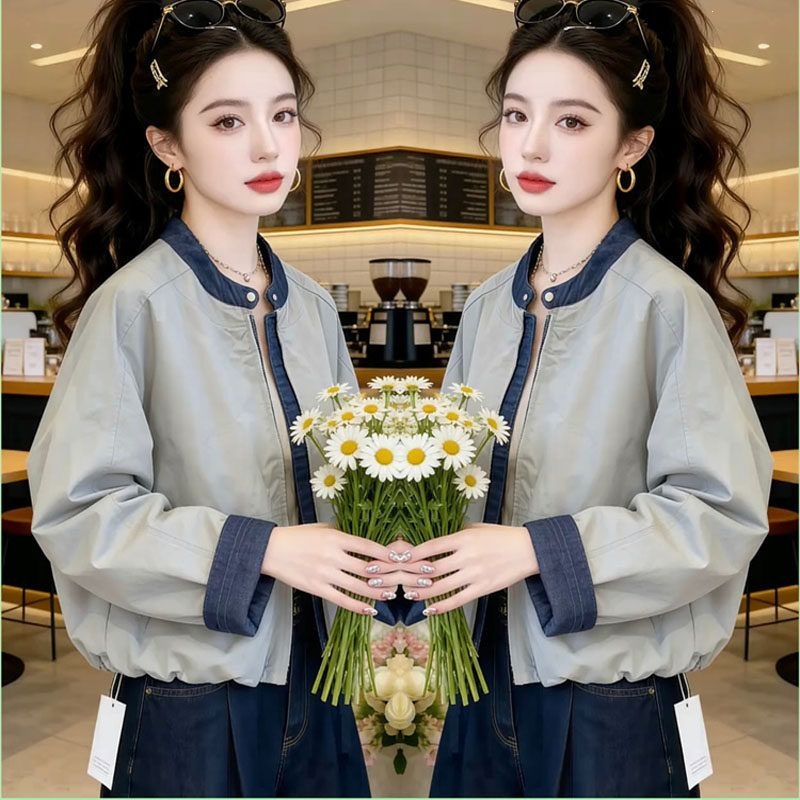 2026 Spring New Trendy Denim Patchwork Jacket for Women, Korean Style, Loose Fit, Stand Collar, Slimming Baseball Jacket Top
