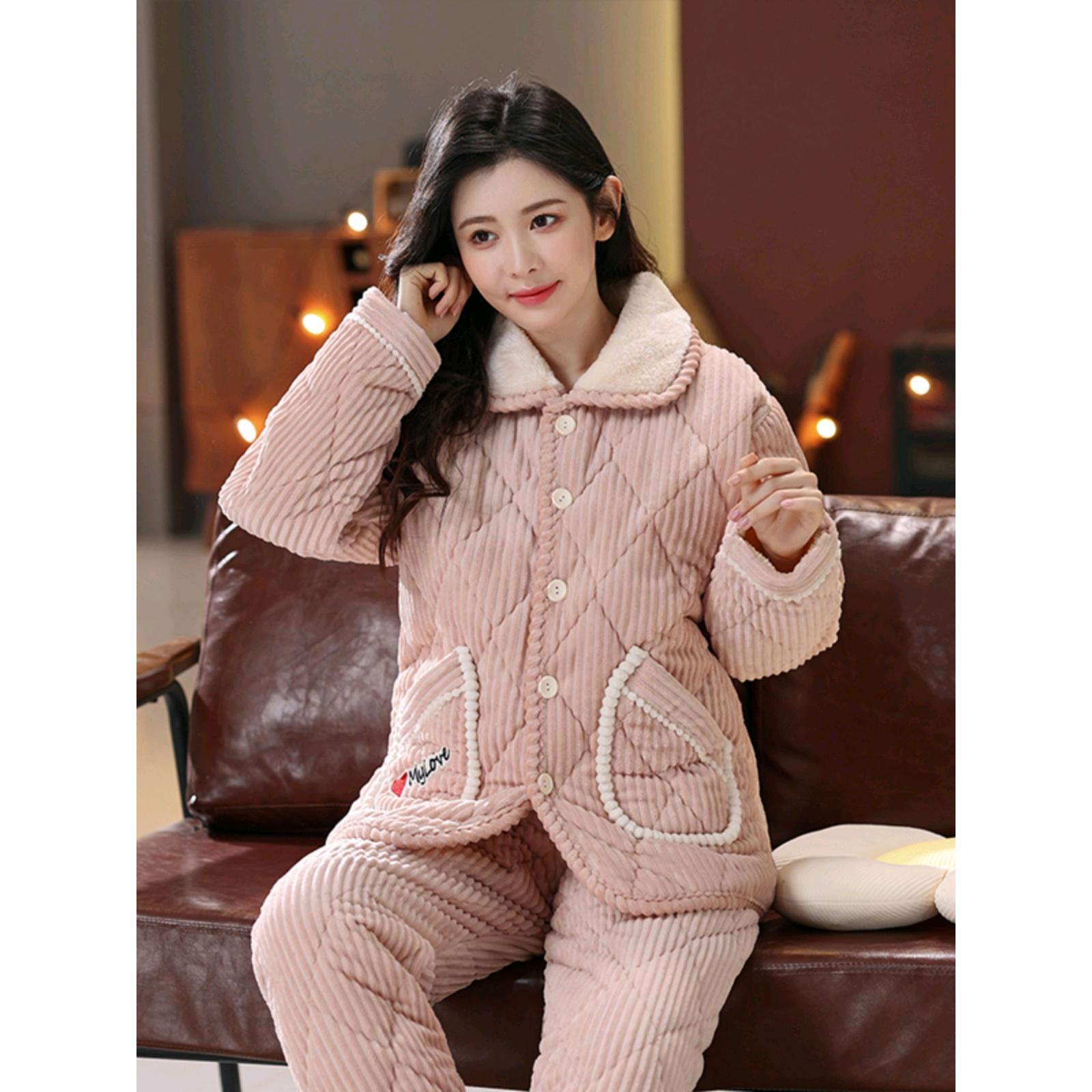 睡衣女冬季三层加厚法兰绒睡衣套装秋大码保暖珊瑚绒夹棉袄家居服