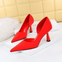 819-1 Korean Spring and Autumn Fashion Simple and Sexy Slim Silk Satin Shallow Mouth Pointed Side Hollow Single Shoes High Heels for Women