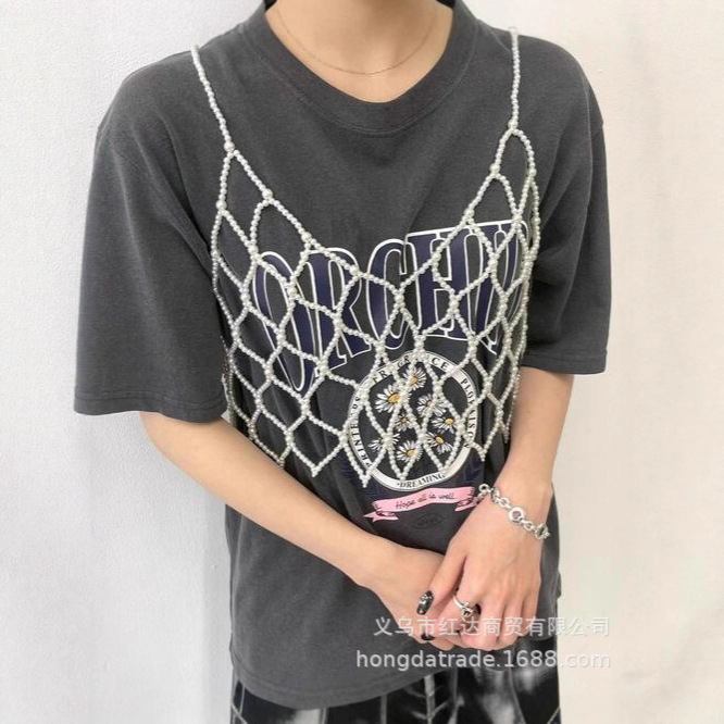 Japanese-Style Handmade Beaded Pearl Camisole with a Hollow-Out Design, Versatile Trendy Layered Top Vest