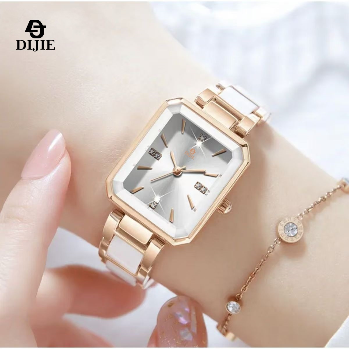 Damenuhr, Luxus, Diamant, quadratisches Zifferblatt, elegant, Quarz