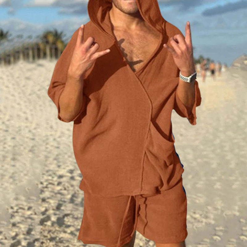 Herren-Freizeit-Set Frühjahr 2025: Lockeres Hemd, einfarbig, Kurzarmshorts, zweiteiliger Kapuzenpullover_voghion.com