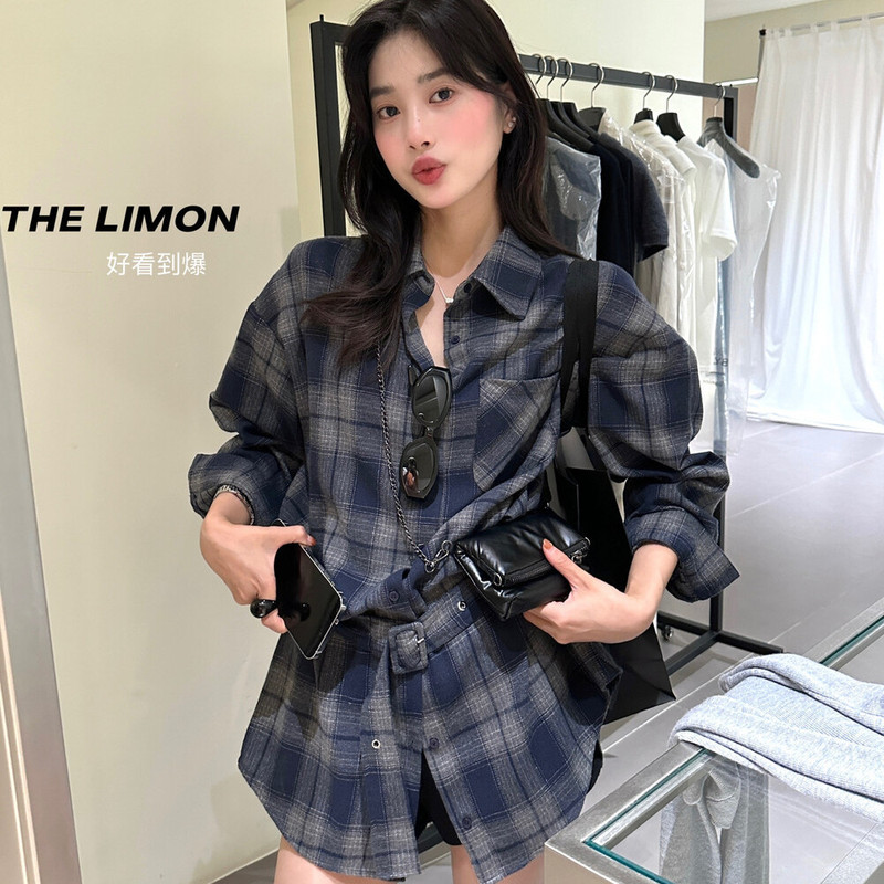 thelimon柠檬绿茶2025秋季复古设计感系带收腰磨毛格纹衬衫女上衣|undefined