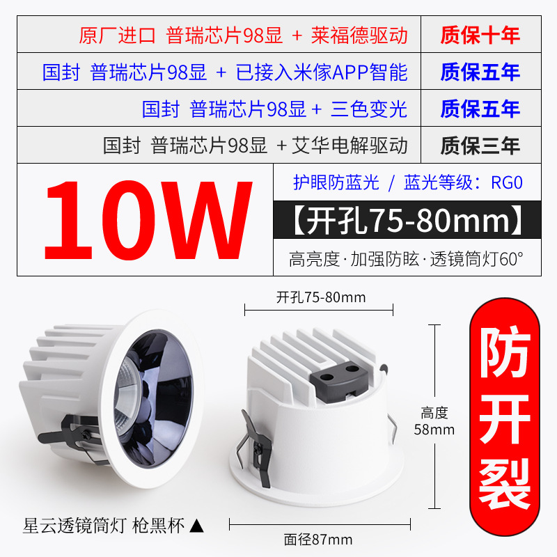 【Lens Downlight】10W gun black 75-80 holes/more anti-glare and cracks