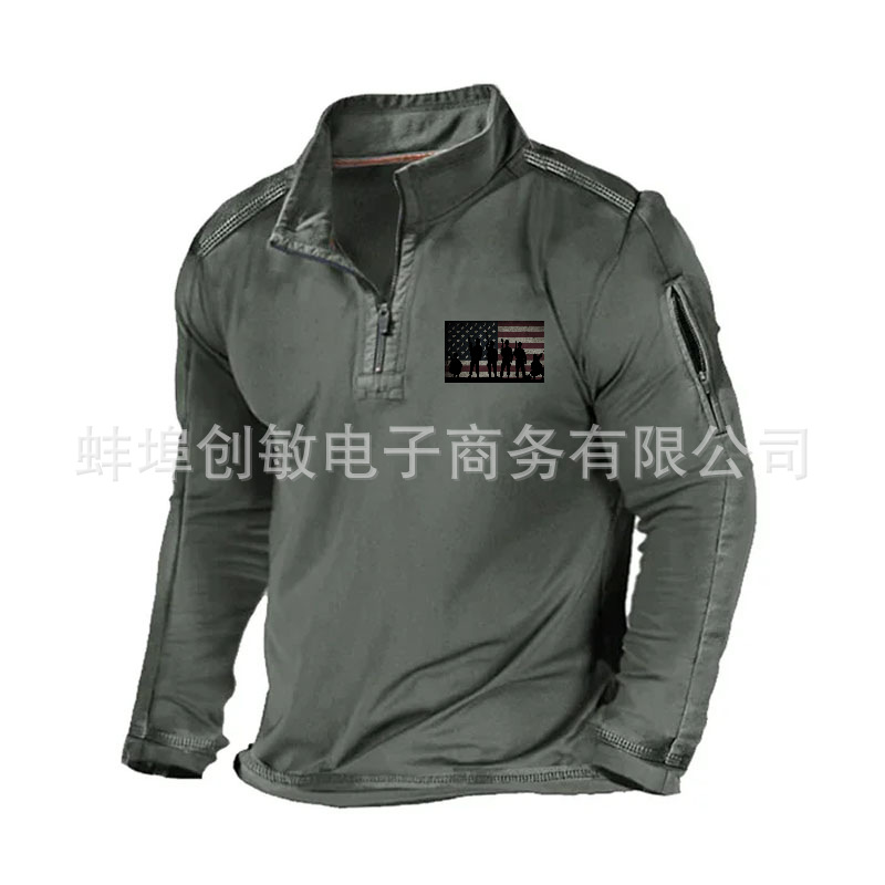 Primavera y otoño Comercio exterior más tamaño de los hombres al aire libre bolsillo con cremallera media cremallera cuello táctico de manga larga Camiseta suéter casual