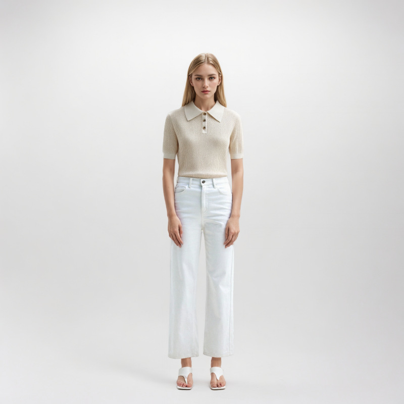 Lp Old Money Style Wholesale Elegant and Sophisticated Women's Apricot Polo Collar Short Sleeve Tencel Pullover Sweater