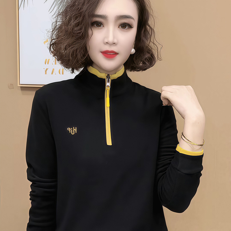 280g German Velvet Fashion Stand Collar Casual Half-Zip Sweatshirt for Women, Age-Reducing Solid Color Embroidered Top, Base Layer Shirt