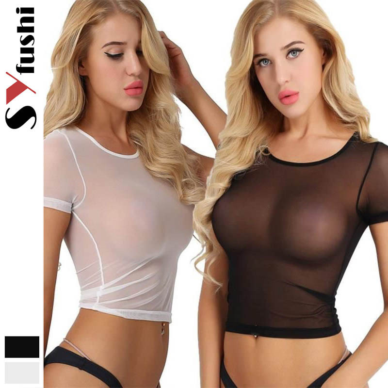 European and American Popular Cross-Border Sexy Transparent Alluring Short-Sleeve Crop Top Mesh Home Wear Women's Sleepwear Tight-Fitting Lingerie