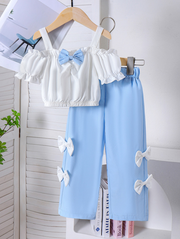 子供服 Amazon ヨーロッパとアメリカの子供服クロスボーダー オフホワイト サスペンダー オフショルダー シャツ + ブルー パンツ|undefined