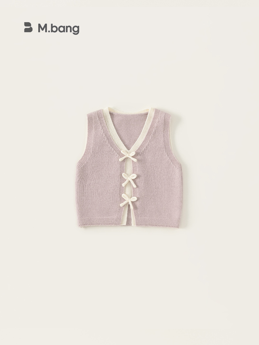 Youbao ropa para niños falso de dos piezas con lazo en contraste suéter chaleco 2025 primavera chaleco de punto para niñas de todo fósforo