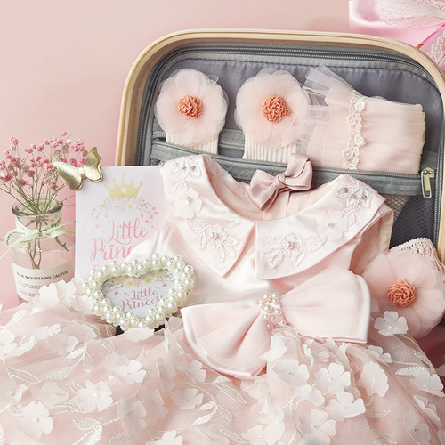 Baby High-End Gift Box Newborn Princess Dress Skirt 100th Day Birthday Party Lace Pink Clothes Set Spring Summer