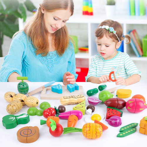 Playhouse kitchen toys for boys and girls, barreled magnetic cutlery, wooden simulated vegetable and fruit combination set