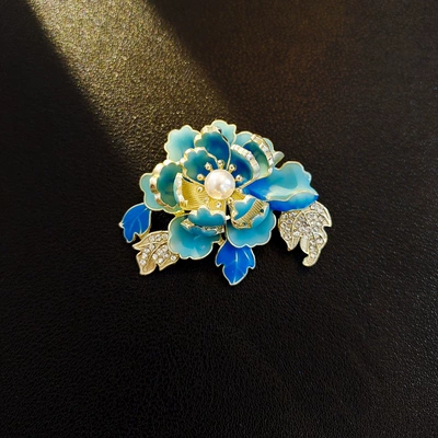 Chinese Style Enamel Peony Flower Yaxa sancaqları - blue-peony-brooch