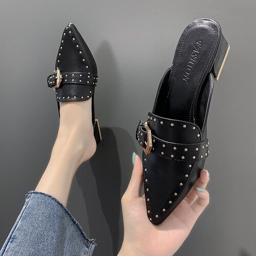 2024 summer new style European and American style rivet belt buckle pointed toe toe half drag thick heel sandals medium heel women's slippers