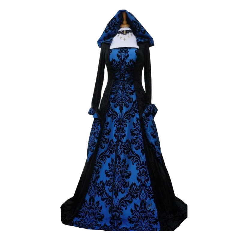 Las mujeres europeas y americanas populares cena medieval con capucha gran swing vestido impreso retro artístico de manga larga con cordones de cintura
