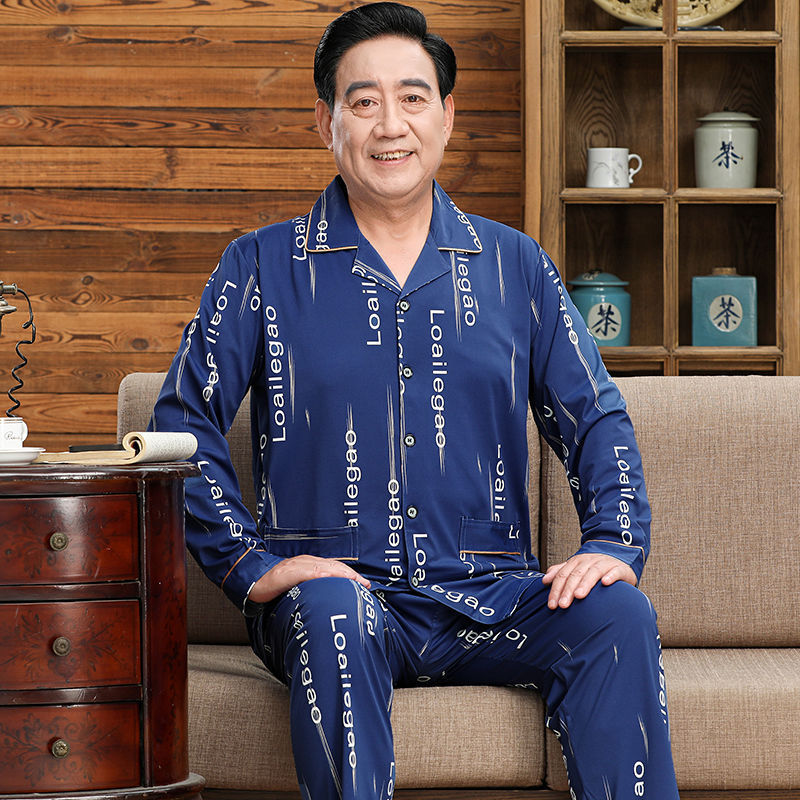 Pijamas de mediana edad y ancianos hombres 100% algodón primavera y otoño manga larga otoño e invierno más tamaño viejo papá traje de uso doméstico