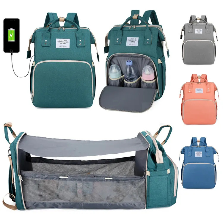 Mommy Bag Large Capacity Mother and Baby Bag Baby Diaper Bed Backpack Portable Foldable Baby Bed with USB Charging Port