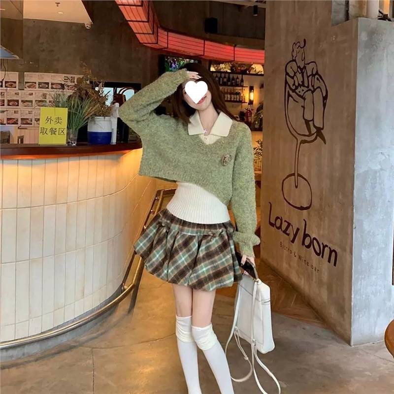 秋冬季森系杂色毛衣翻领内搭两件装女感格纹花苞格子半裙套装