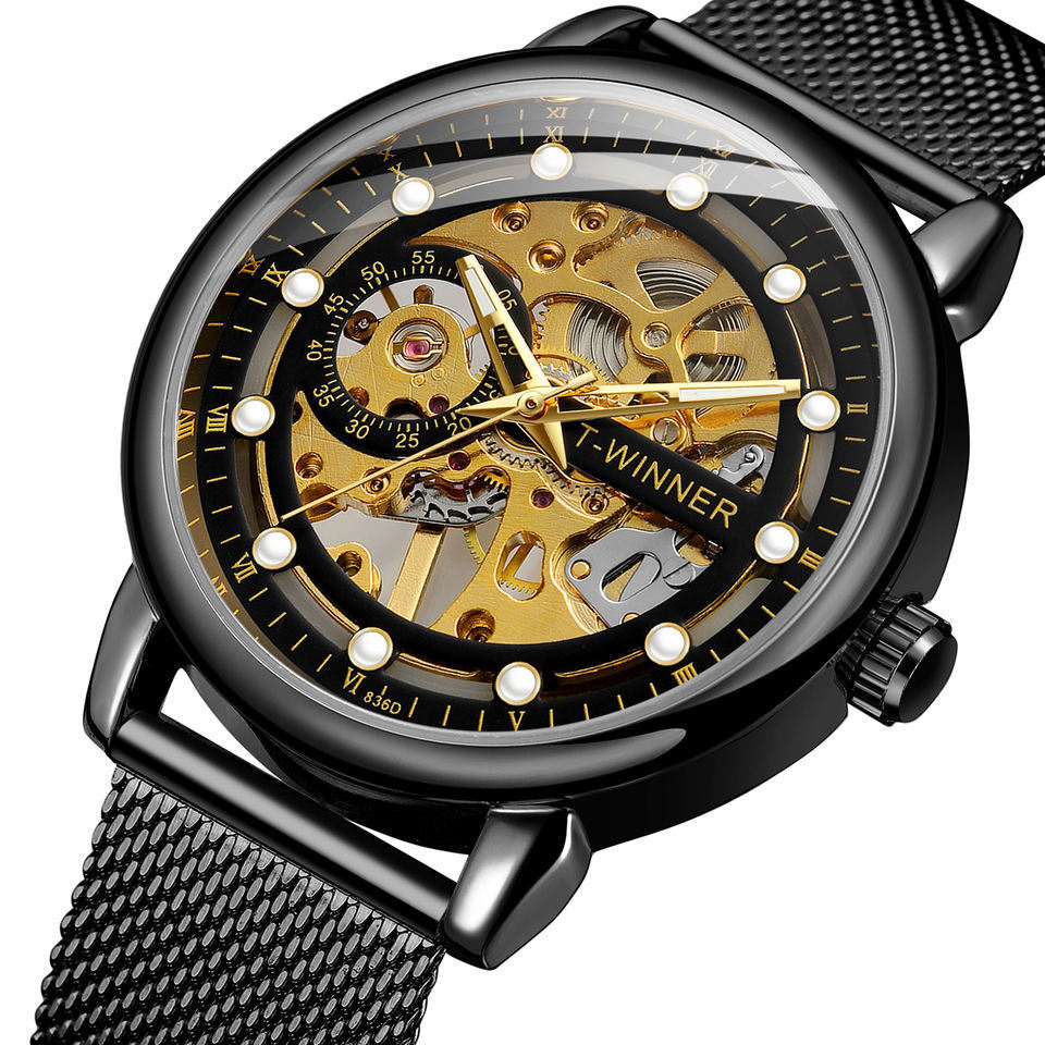 T-winner reloj de hombre europeo y americano reloj mecánico manual hueco de moda transparente reloj de correa de malla de milán 8258