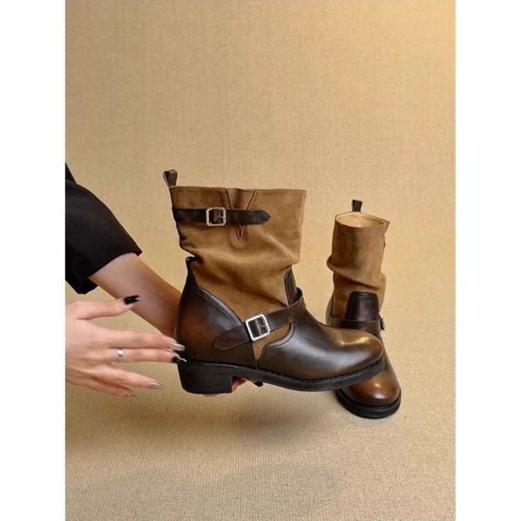 Retro Distressed Color-Washed Western Boots for Women with Belt Buckle, Hot Girl Pleated Stacked Boots, Chunky Heel Martin Short Boots