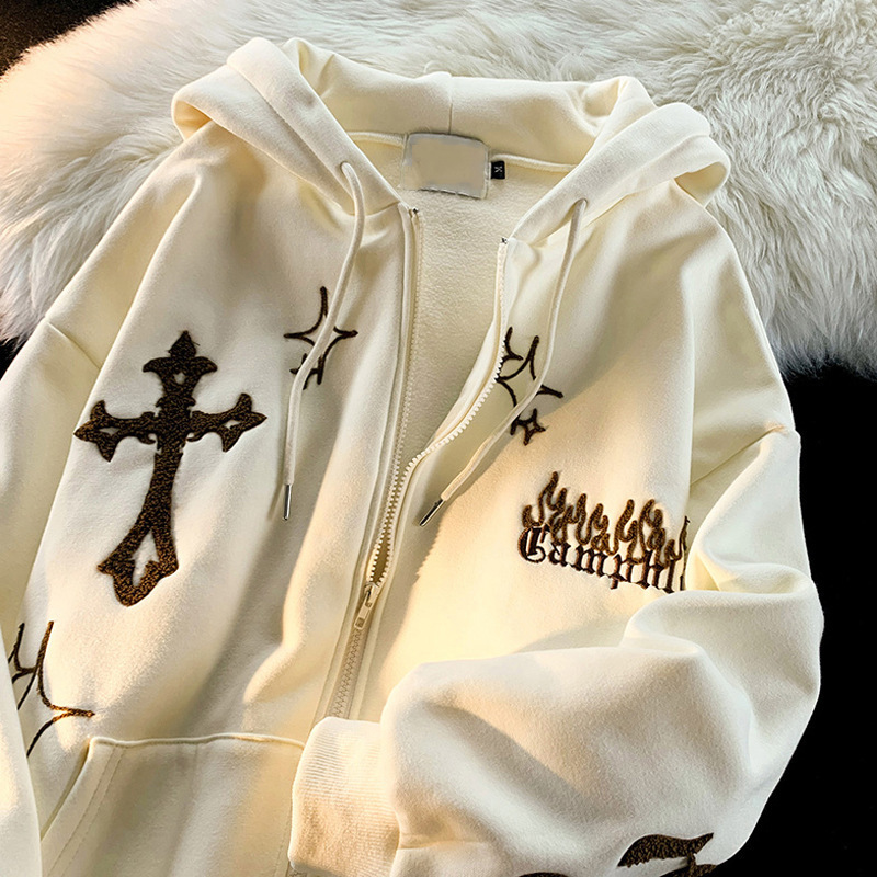 American Style High Street Fashion Brand Towel Embroidered Sports Jacket oversize Couple Top Cardigan Hooded Sweater Men's Spring and Autumn American Style High Street Fashion Brand Towel Embroidered Sports Jacket oversize Couple Top Cardigan Hooded Sweater Men's Spring and Autumn