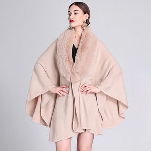 978# foreign trade new imitation rex rabbit fur collar shawl cape plus size knitted cardigan loose cape coat women
