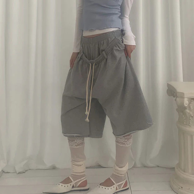 Casual autumn trendy pants with a drooping waist design, fashionable women's sports wide-leg pants, Harajuku style cropped pants
