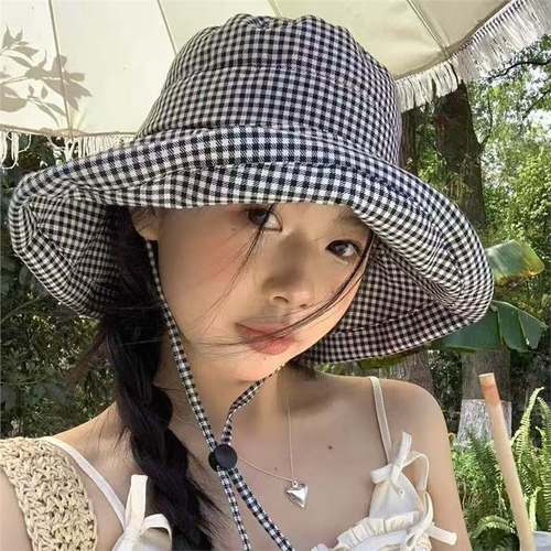 Women's Korean Version Summer Outing UV Protection Outdoor Brim Hat that Blocks Sun and Faces, with a High-End Striped Fisherman Hat