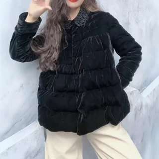 241270大爱美依缘2024冬季新款高级感黑色翻领丝绒棉服减龄外套女