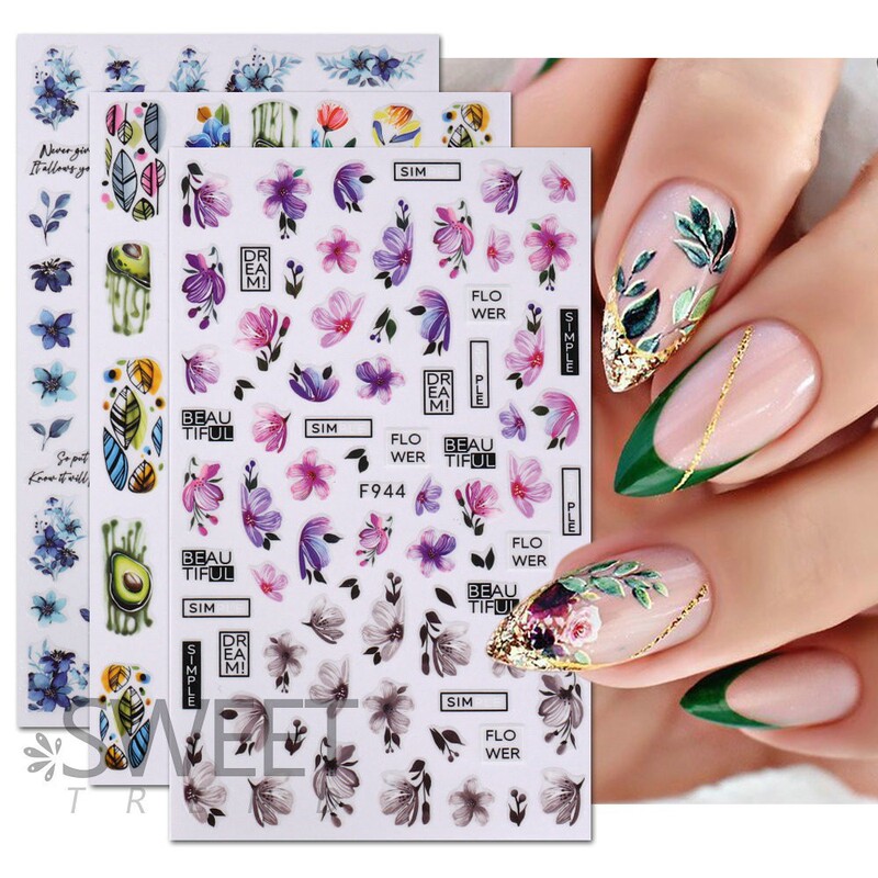 Cross-border supply nail stickers wholesale summer fruit simulation flowers and plants leaves 3D adhesive art nail decals
