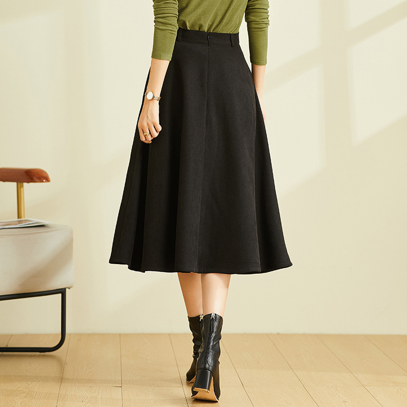 Váy midi chữ A cạp cao đen vintage, dáng suông che hông — Màu đen