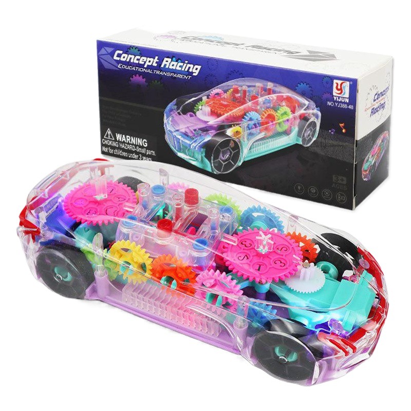 El mismo coche de concepto de engranaje transparente universal eléctrico de Tiktok colorido música ligera Coche de juguete eléctrico para niños transfronterizo