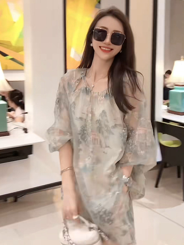 2023 Spring and Summer Fashionable Loose-Fitting Floral Three-Quarter Sleeve Tassel Top Short-Sleeved Suit for Women