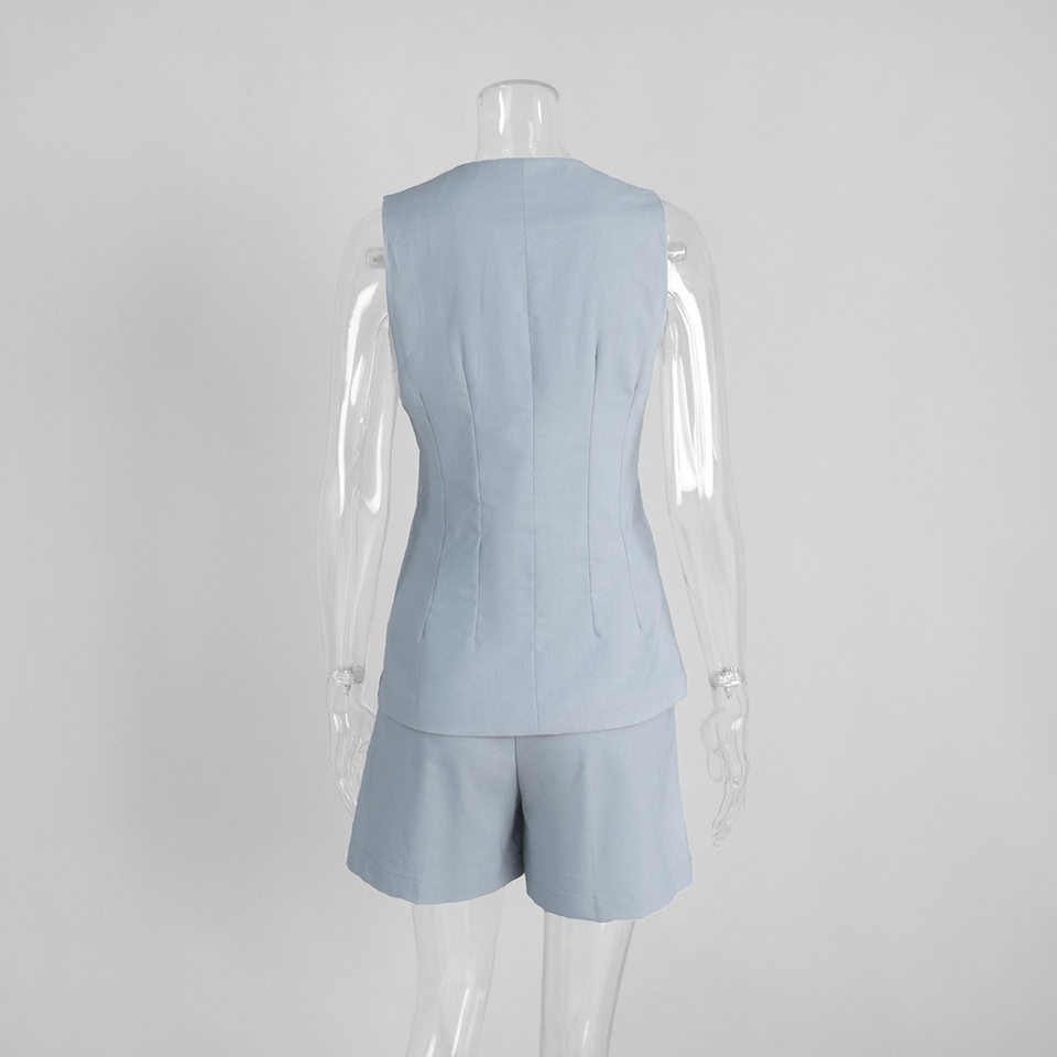 Bộ vest gile và quần short nữ chất liệu lanh cotton, áo khoét vai không tay, kiểu công sở — Màu mơ, Màu nâu đậm, Màu trắng, Màu xanh nước biển chi tiết 9