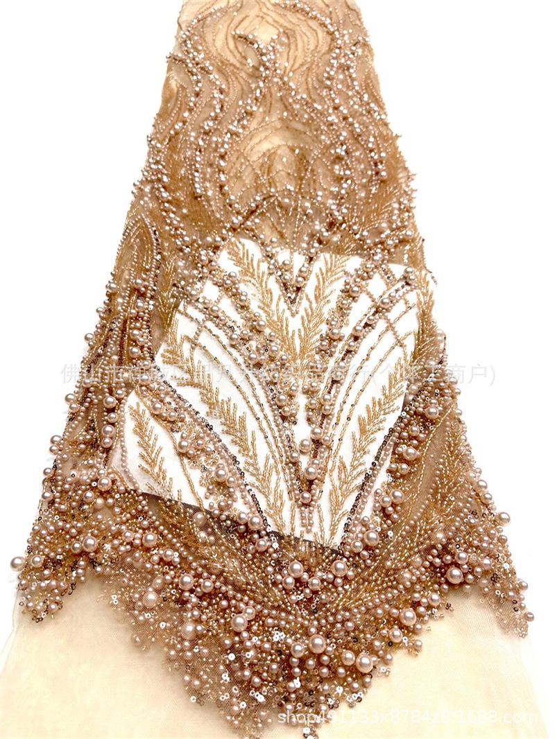 Peacock Feather Heavy Duty Pearl Pipe Mesh Fabric Fonytail Clavado a mano Beads Fishtail vestido de boda tela