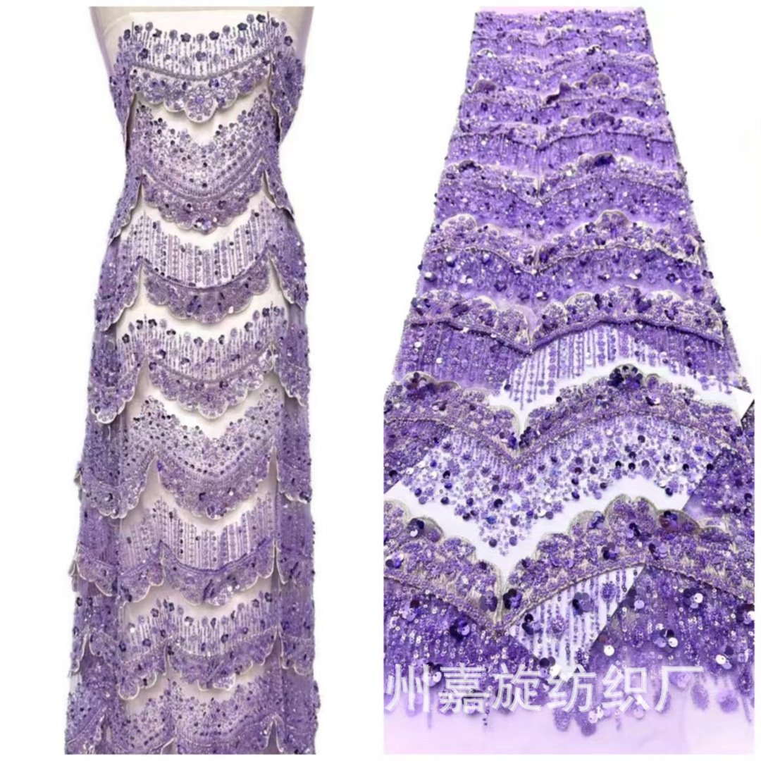 Nuevo diseño estereoscópico borde de loto oro y plata tubo de cuentas bordado sequinilla flor pequeña tela de moda vestido de boda tela de bordado