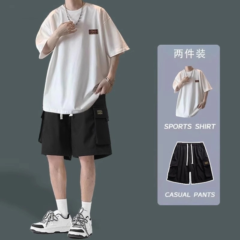 Short-Sleeved Shorts Suit for Men, Cool and Handsome Summer Loose Casual Sports Suit, Handsome Student Two-Piece Suit