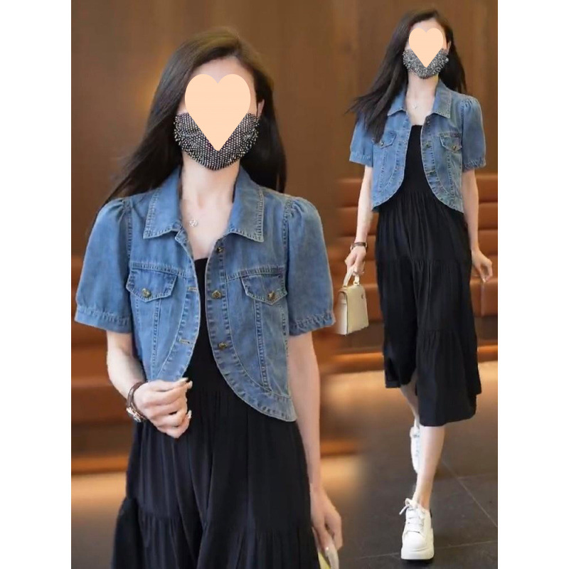 夏季薄款短袖牛仔服外套女小個子2025新款吊帶裙披肩外搭短款上衣