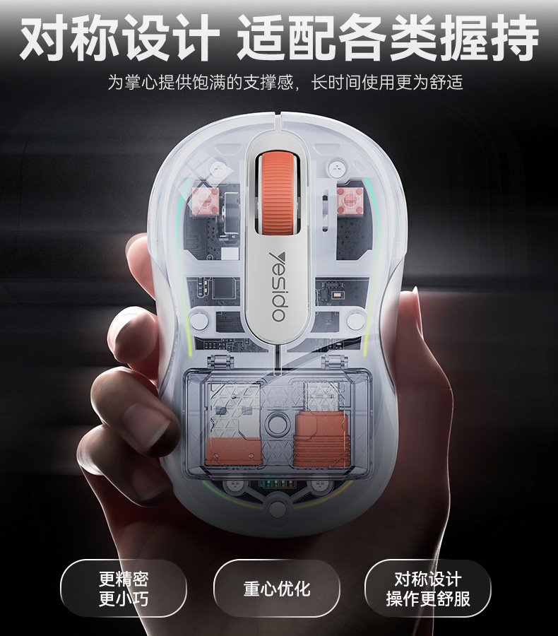 yesido笔记本电脑鼠标 透明三模无线蓝牙鼠标人体工学 磁吸充电式